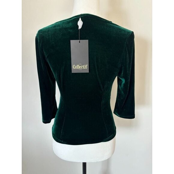 COLLECTIF London Moira Velvet Top Size Small Front Tie Dark Green Velvet - Picture 6 of 8